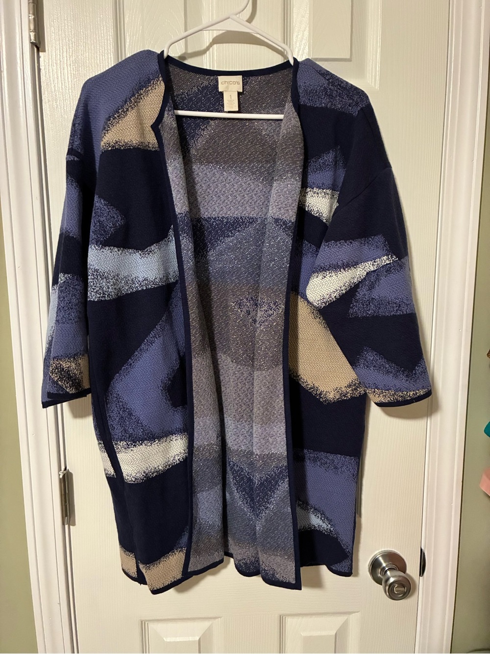 Chico's Navy & Cream Geometric Open-Front Cardigan